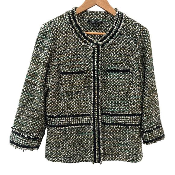 Lafayette 148 Tweed Long Sleeve Snap Button Up Blazer Green Size 8 - Picture 2 of 12